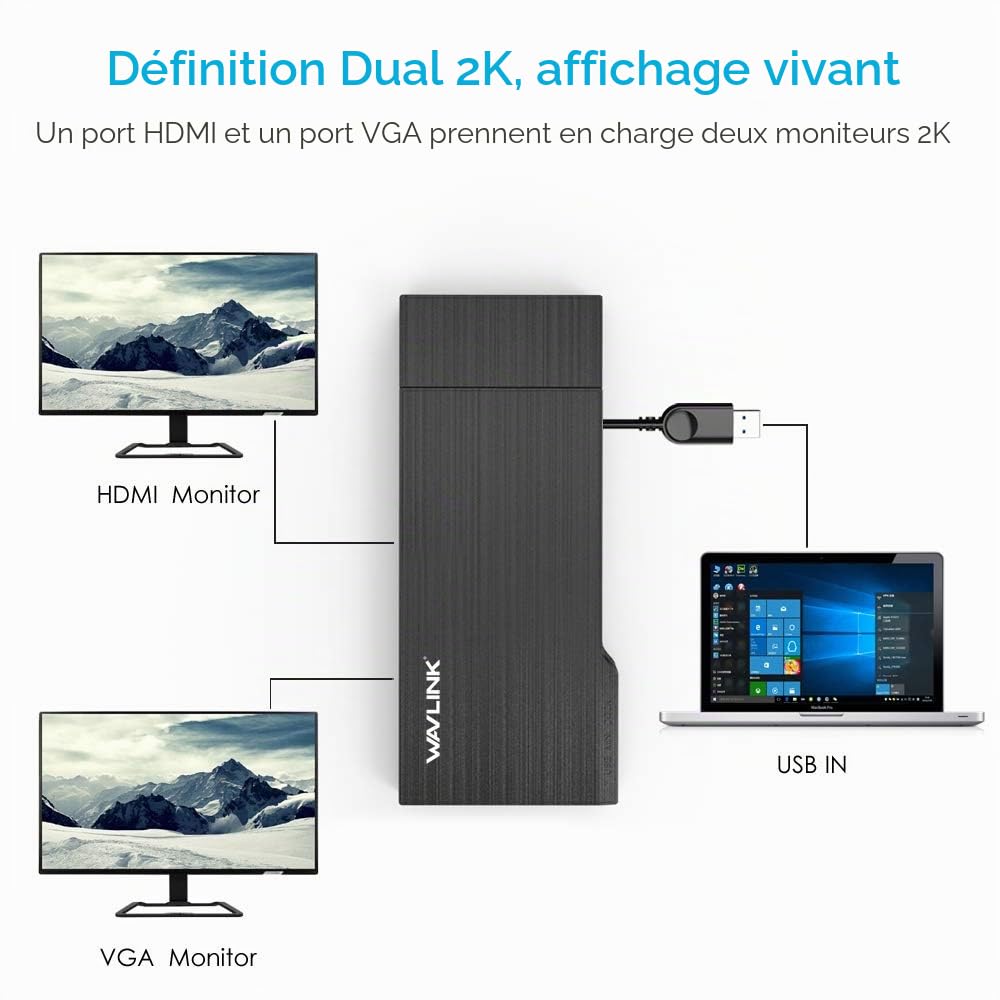 WAVLINK Station d'accueil Universelle 2K USB3.0, Double vidéo HDMI/VGA avec Gigabit Ethernet, USB3.0, Lecteur de Carte SD/TF, HDMI 2560x1440 et VGA 1920x1200, pour Windows et Mac