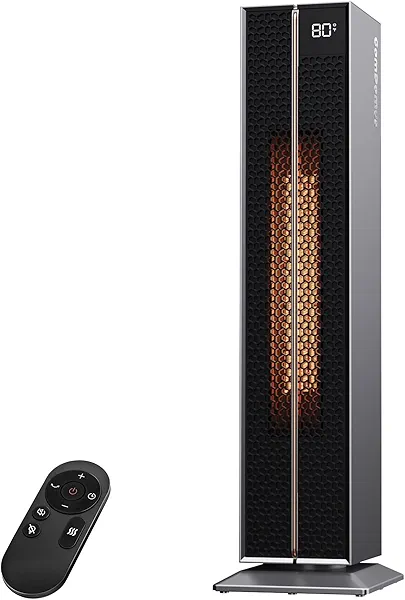 ComDomus Electric Heaters for Indoor Use, 32” Space Heater Large Room with Remote, 120° Oscillation, 5 Heat Levels, 3 Modes, Multiple Safety Protections, 1500W Ceramic Tower Heater for Bedroom, Silver