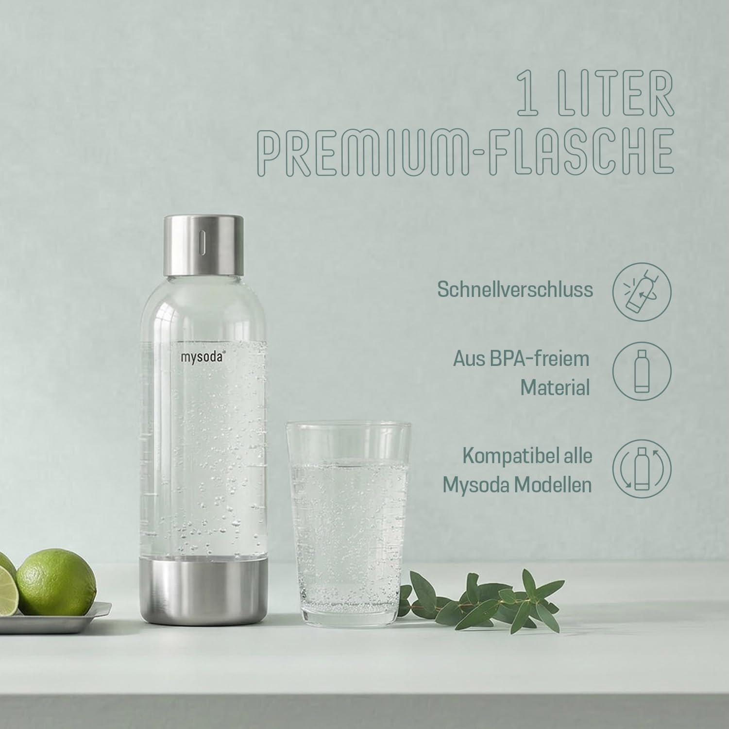 Mysoda: Stilvoller Ruby 2 Wassersprudler aus robustem Aluminium (ohne CO2-Zylinder) mit hochwertiger 1-Liter-Wasserflasche in Premiumdesign - Salbeigrün (Pigeon)