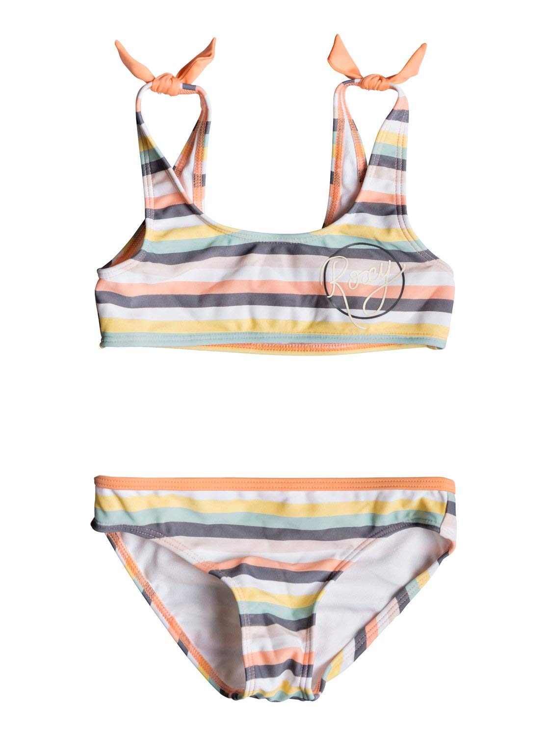 Roxy Girls' Lets Go Surfing Athletic Swimsuit Set, Salmon Candy Stripes, 2
