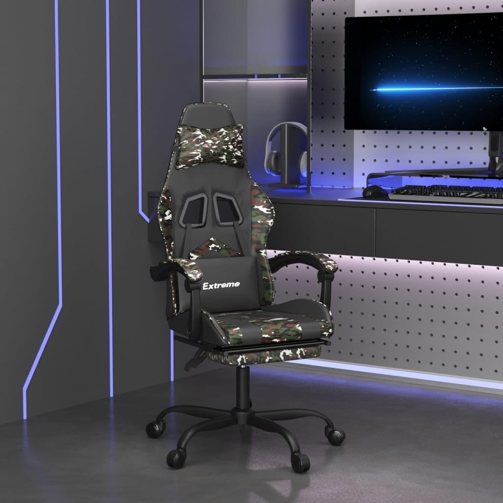 Fotel gamingowy z podnóżkiem, obrotowy, czarny, kolory maskujące, sztuczna skóra, ergonomiczna regulacja wysokości, z poduszką lędźwiową i kark, do biura, domowego biura, komputera, gracza