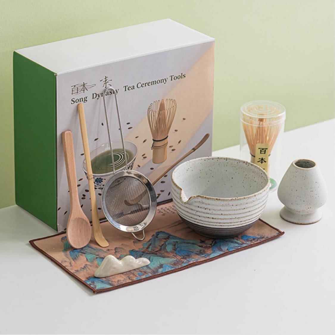 Matcha Kit 8 Pezzi, Matcha Cerimoniale, Ciotola Matcha, Frusta Matcha in Bambù 80 Denti, Supporto Chasen in Ceramica, Set Matcha per Principianti Regalo (marrone)