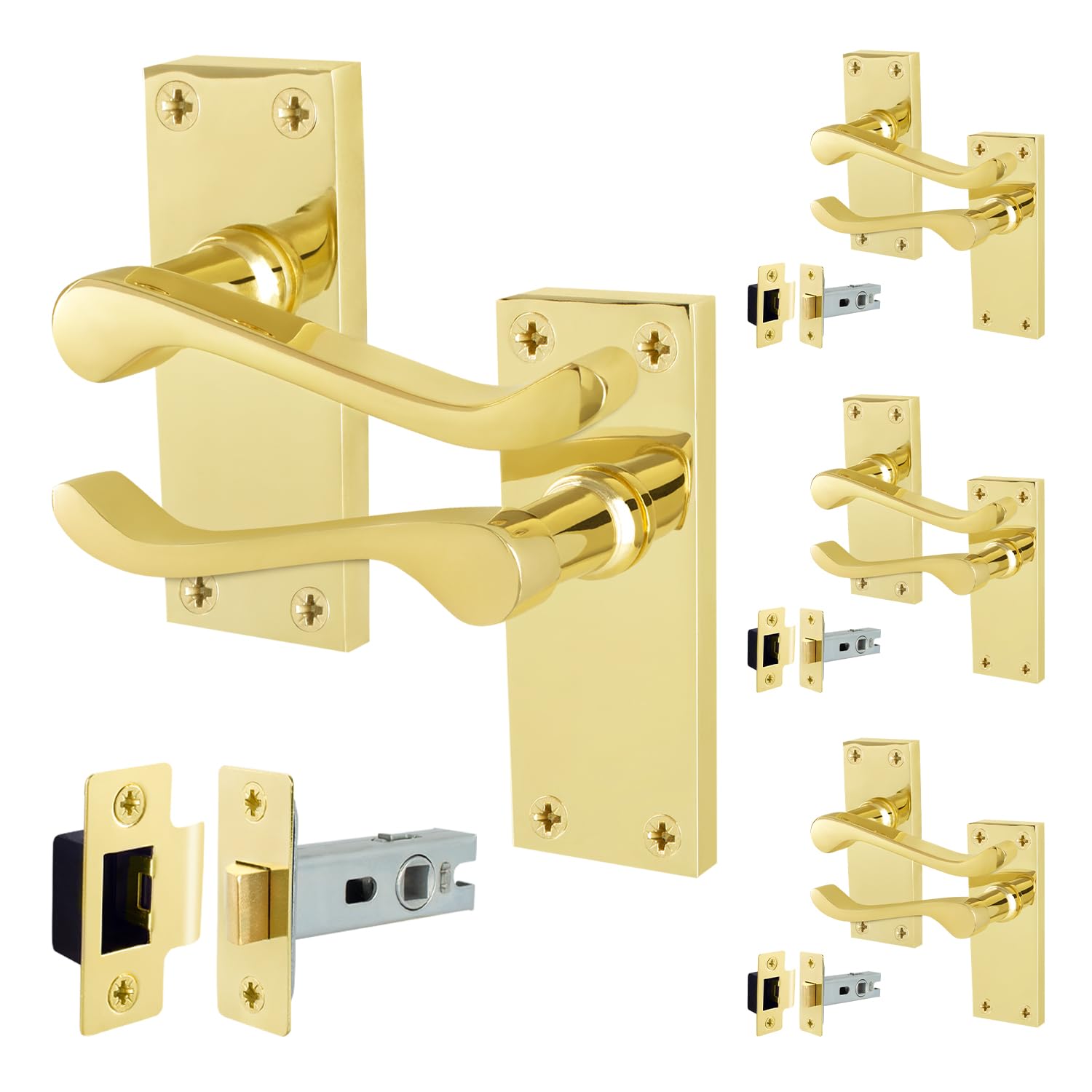 EAI Brass Victorian Scroll Latch Handle Set, 4 Pairs Polished Brass Internal Lever Door Handles on Backplate and Latch 64mm — image 1