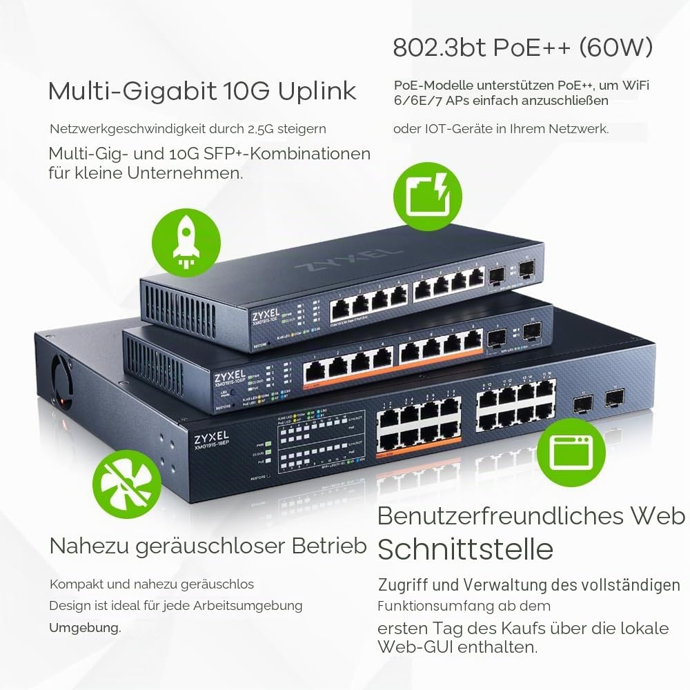 Zyxel 16-Port 2.5 Multi-Gig-Switch | Cloud/Smart Managed | PoE++ @ 180W | 8 x PoE++ (60W) | 2 x 10G SFP+ | Rackmontage [XMG1915-18EP]