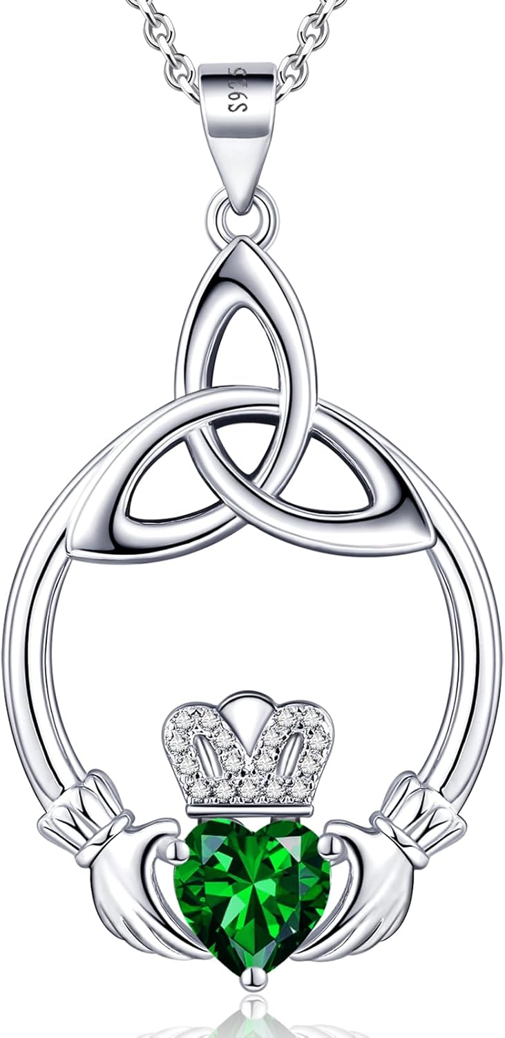 Gift Birthstone Necklaces for Women 925 Sterling Silver Irish Claddagh Necklace for Women Heart Birthstone Pendant Necklace Anniversary Birthday Gifts for Wife Lady Cable Chain 18"+2"