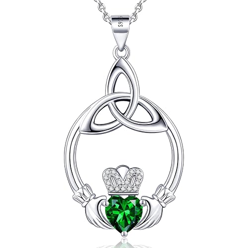 Gift Birthstone Necklaces for Women 925 Sterling Silver Irish Claddagh Necklace for Women Heart Birthstone Pendant Necklace Anniversary Birthday Gifts for Wife Lady Cable Chain 18"+2"