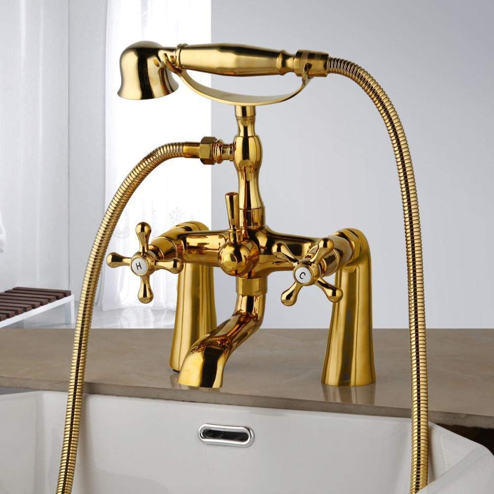 ASerZenith Shower System Antique Brass Golden Bathtub Shower Faucets Set Dual Knobs Mixer Tap Deck Mounted Bath Shower Swivel Tub Spout Shower Gold