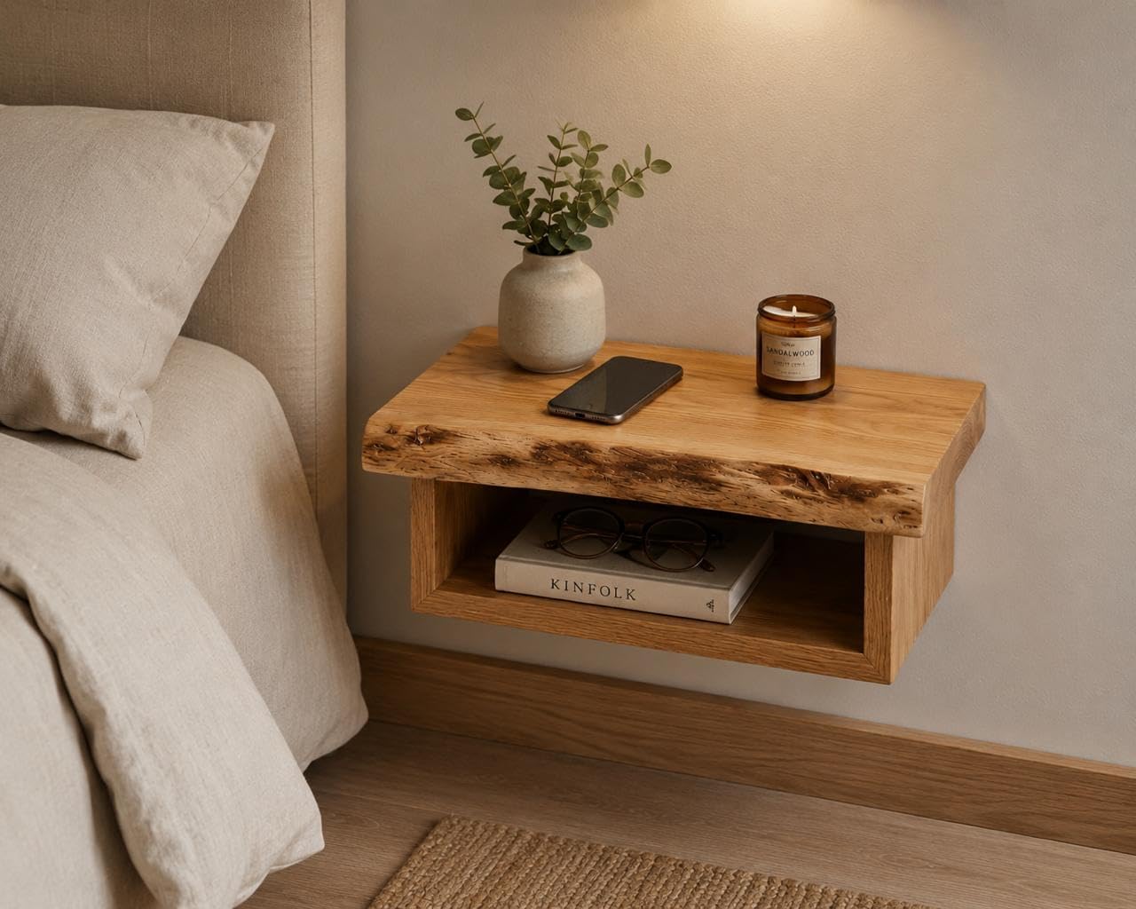 Dreamy design Acacia Wood Live Edge Floating Bedside Shelf | Solid Wood Wall Mounted Nightstand Shelf | Rustic Wooden Floating Shelf for Bedroom, Living Room, Books, Clock, Plants & Home Décor-image-15