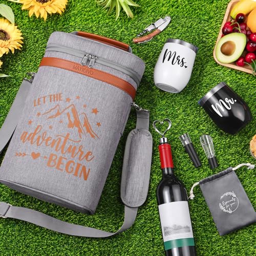 Image of Bridal Shower Wedding Gifts for Couple, Wine Cooler Bag Gifts for Men Women | Mr and Mrs Engagement Gifts for Newlywed Bride, His & Her Anniversary Wines Baskets Gift Set w / Tumbler & Wines Accessories