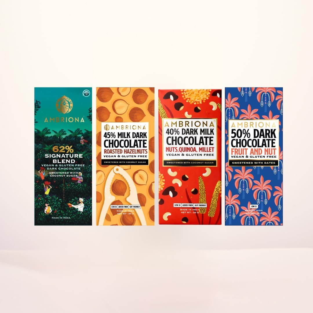 Ambriona Assorted Chocolate Pack of 4 | 62% Signature, Hazelnut, Nuts Quinoa Millet & Fruit Nut | Vegan & Gluten-Free | 200g