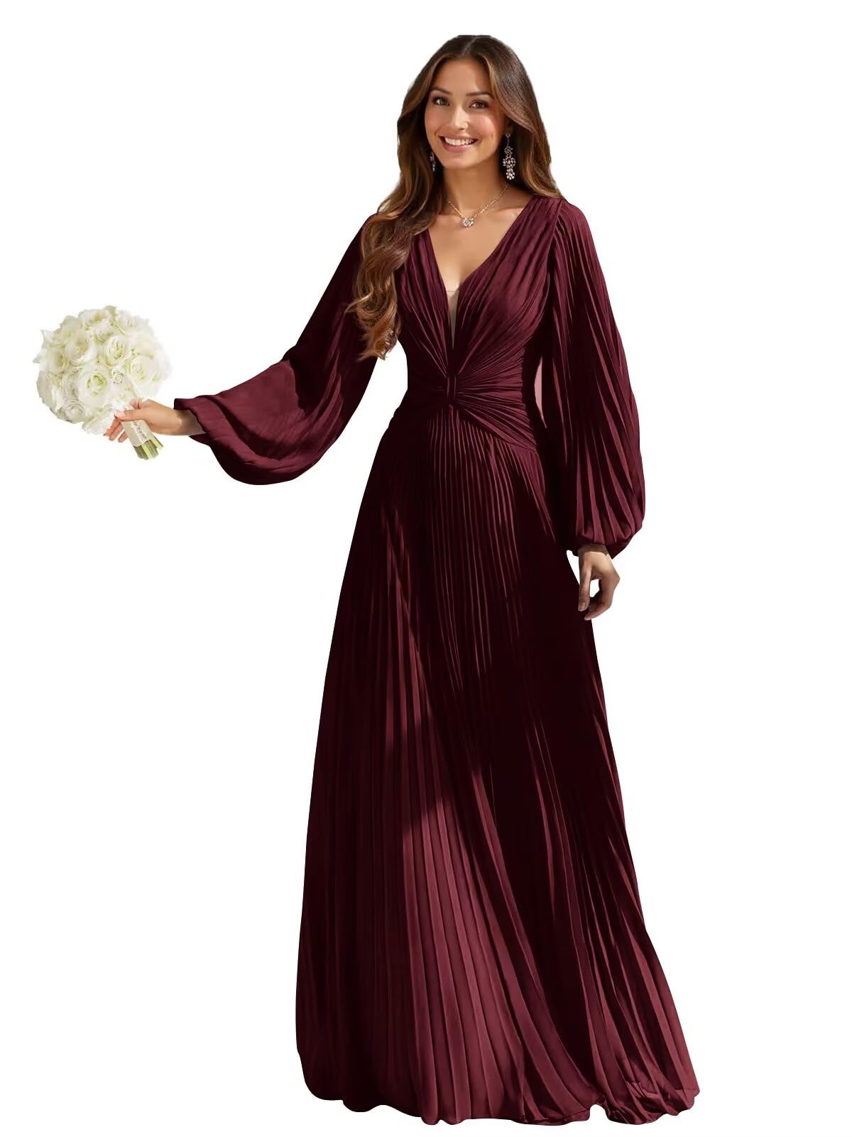 Long Sleeve Bridesmaid Dresses for Women Chiffon Pleated A Line V Neck Formal Wedding Guest Dress