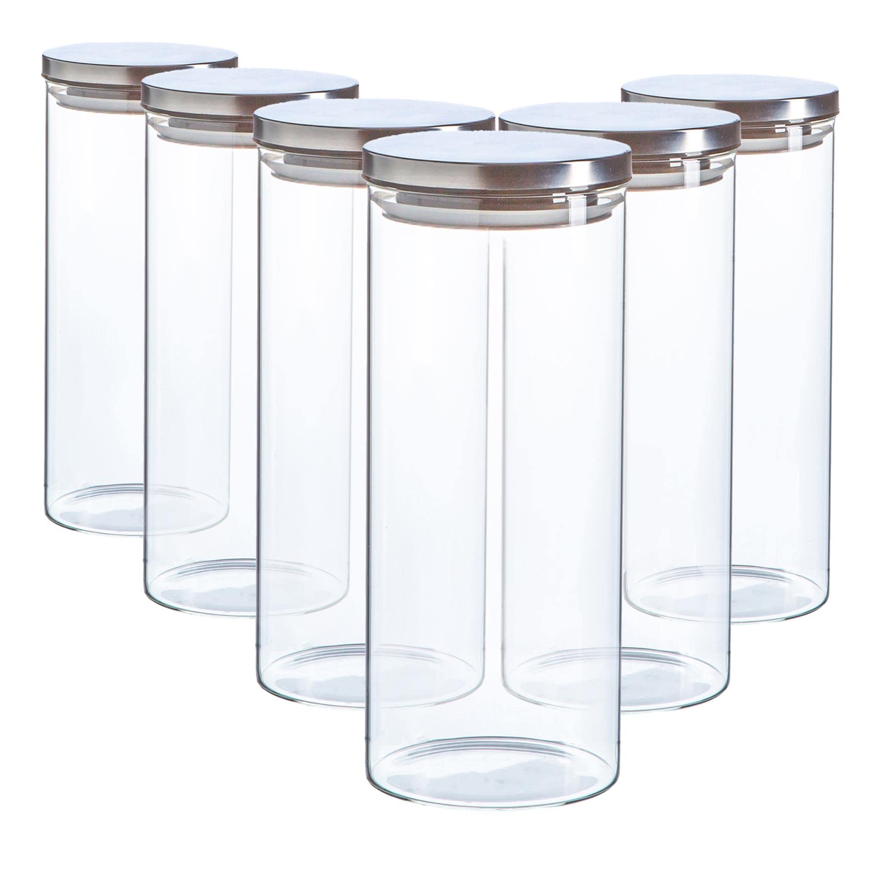 Argon Tableware Silver Scandi Storage Jars With Metallic Lids - 1500Ml - 6 Pack - Modern Round Organisation Container Glass Jar For Kitchens, Pantry, Bathrooms, Utility Rooms