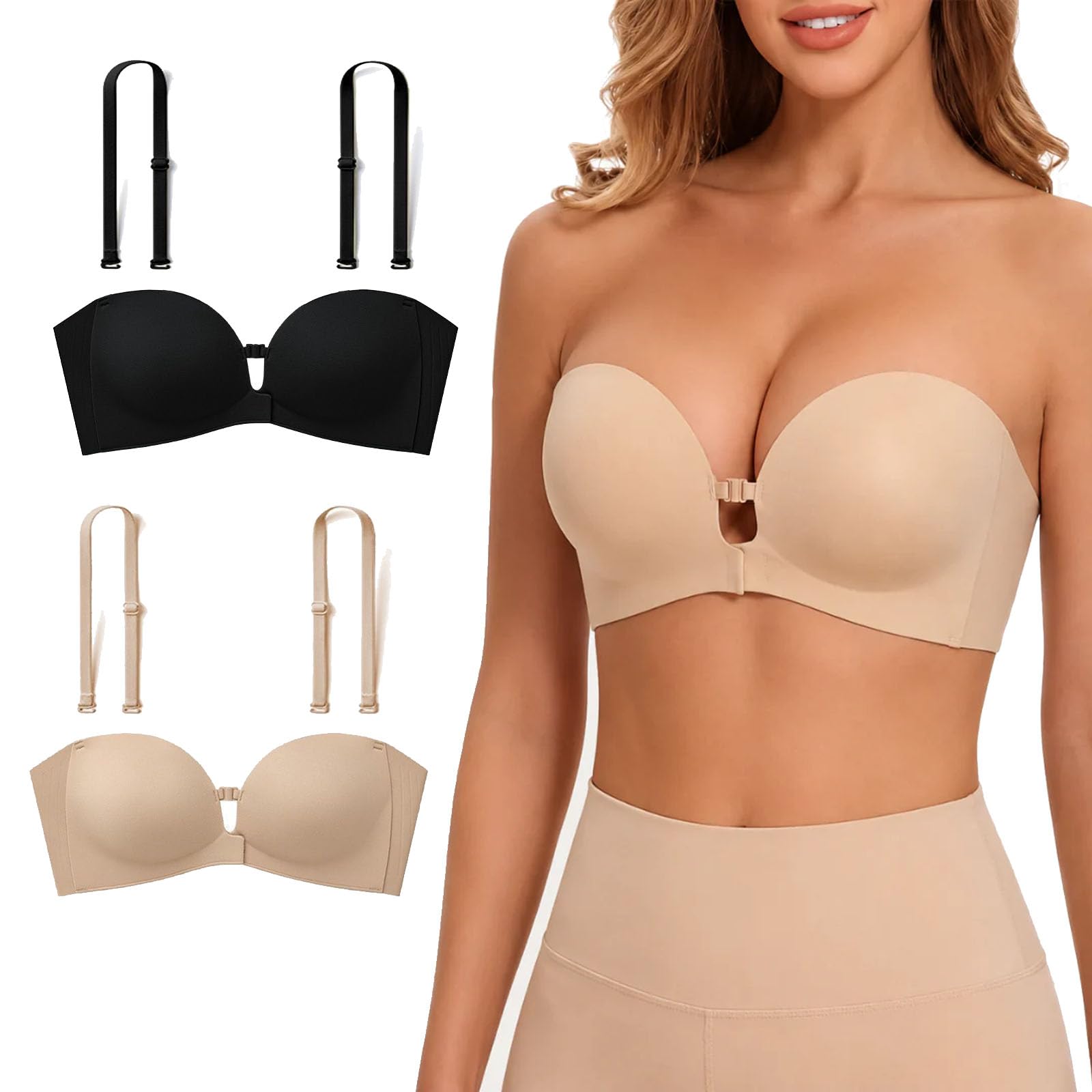 Reggiseno con Chiusura Frontale, Reggiseno Senza Spalline in Gel | Reggiseno push-up senza ferretto in gel, imbottito, fascia con doppia chiusura frontale antiscivolo, supporto quotidiano