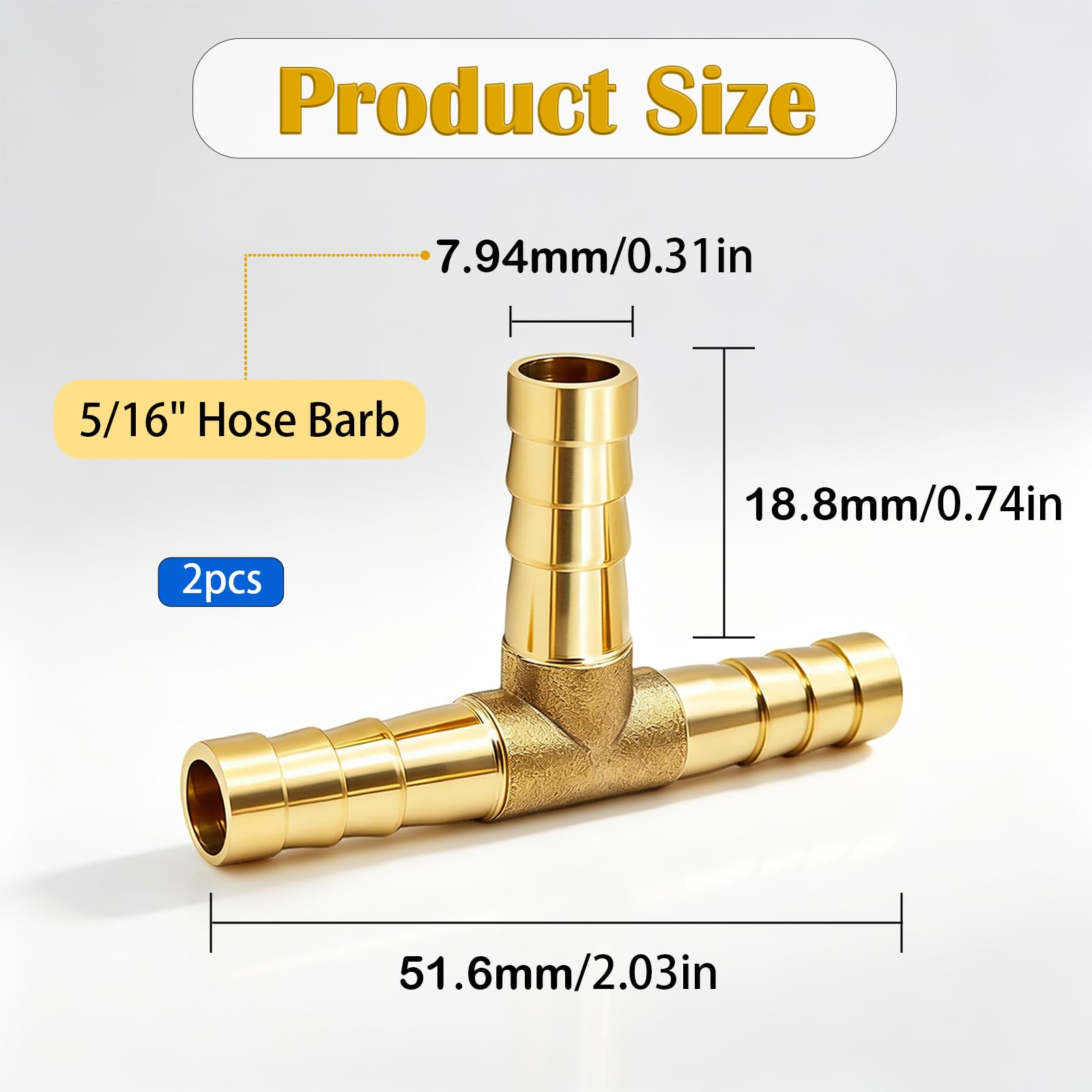 2pcs 5/16 "latón Tee Barb Fitts,3 vías Unión Intersección montaje T forma de púas Splitter montaje empalmador con abrazaderas de manguera para agua combustible aire H-058-5/16