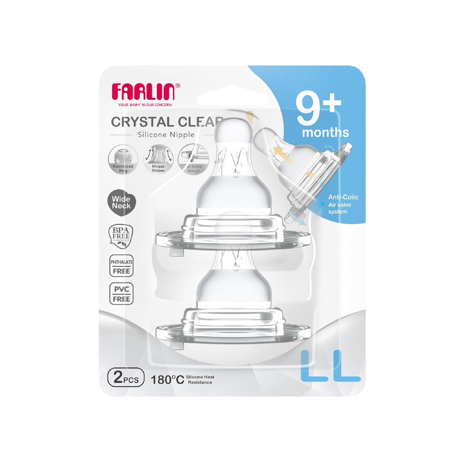Farlin AC-22005(LL) Wide-Neck Nipple – Size LL – Extra Fast Flow Silicone Nipple – BPA-Free, Anti-Colic with Vent – Fits Most Wide-Neck Baby Bottles – Ideal for Older Infants