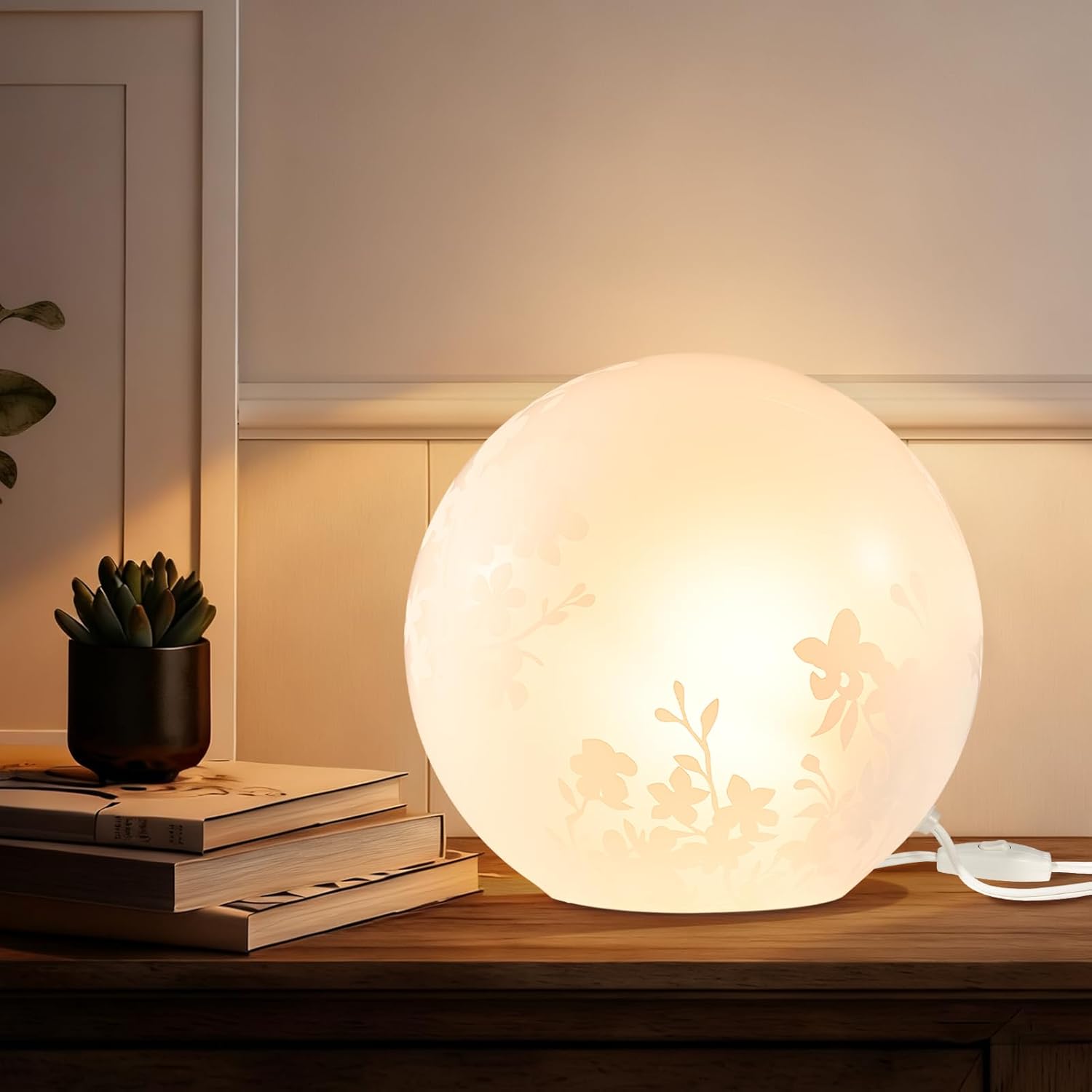 7.8 Inch Ball Table Lamp with Glass Shade Stylish Ball Light Lamp for Bedroom Living Room and Bookshelf Modern Design Perfect for Home Decor, Without Bulb (White Flower)