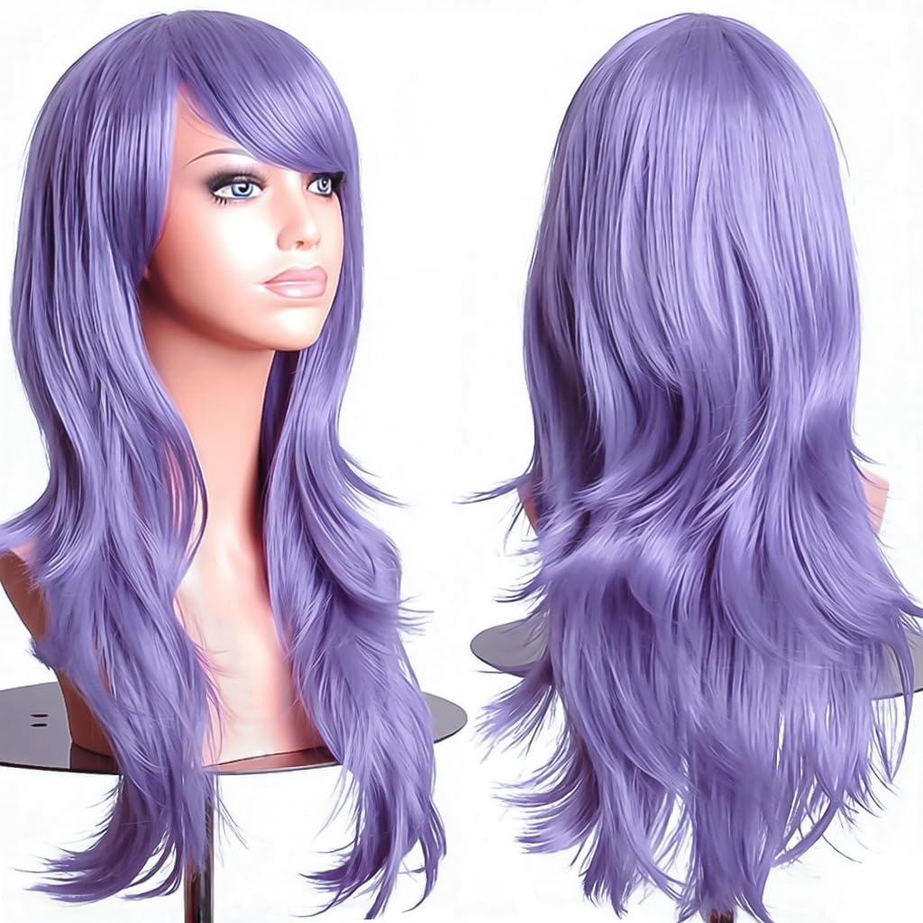 PORSMEER 70 cm/28 inches Charming Long Wavy Full Hair Wig Anime Cosplay Halloween Costume Party Heat Resistant Synthetic Wigs for Women Girls (Taro Purple)