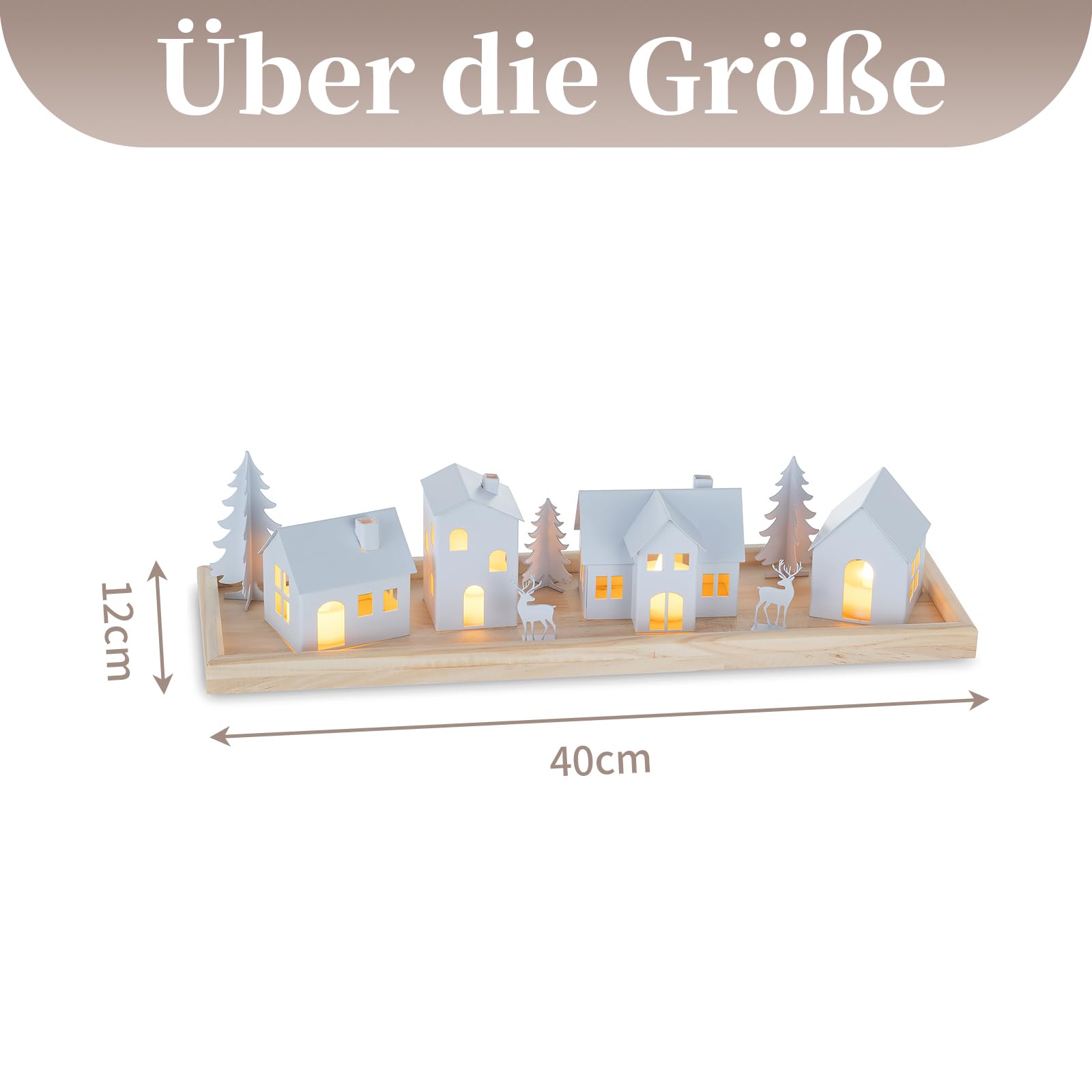 Sziqiqi Christmas Village Decorazione Natalizia: 4 Portacandele a Casa in Metallo con 4 Candele LED - Set Scenario Invernale con Vassoio in Legno per Decorazione Casa Regalo