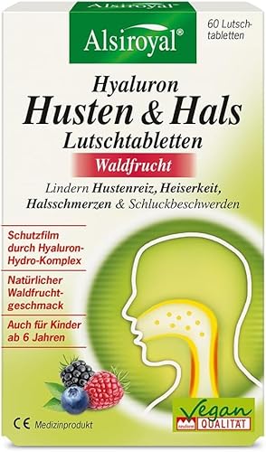 Alsiroyal Hyaluron Husten & Hals Lutschtabletten (60 Stk.) – Mit Hyaluron-Hydro-Komplex, Brauseeffekt für intensive Pflege, für wohltuende Befeuchtung von Hals & Rachen– Waldfruchtgeschmack