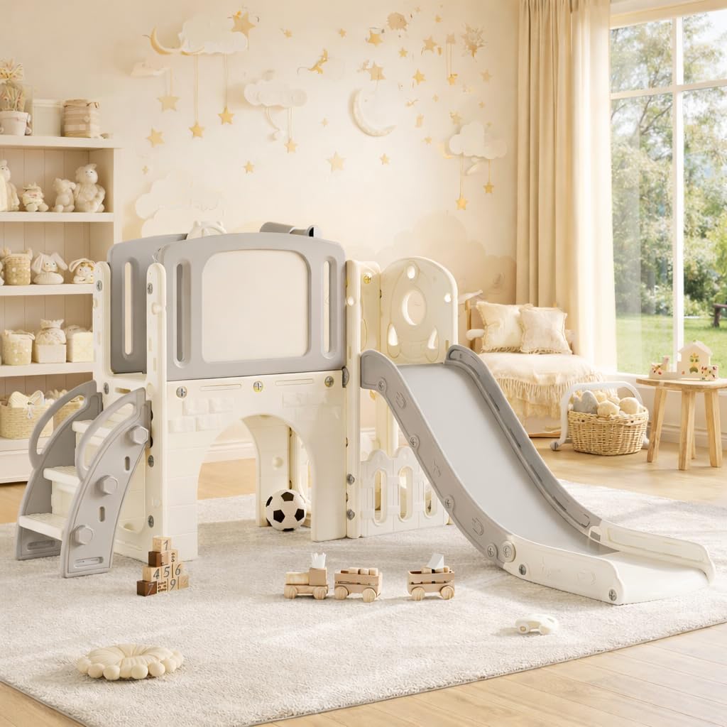 8-in-1 Toddler Slide Playground Set for Indoor & Outdoor Fun – Includes Climber, Basketball Hoop, Telescope, Tunnel, and Storage Space for Kids – Perfect for Backyard & Courtyard Activities