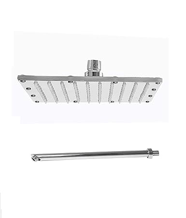 Fortune Ultra Slim Stainless Steel Square Shower Head 8 x 8 Inch with 15 Inch Round Cross Shower Arm Combo, Rain Spray Shower