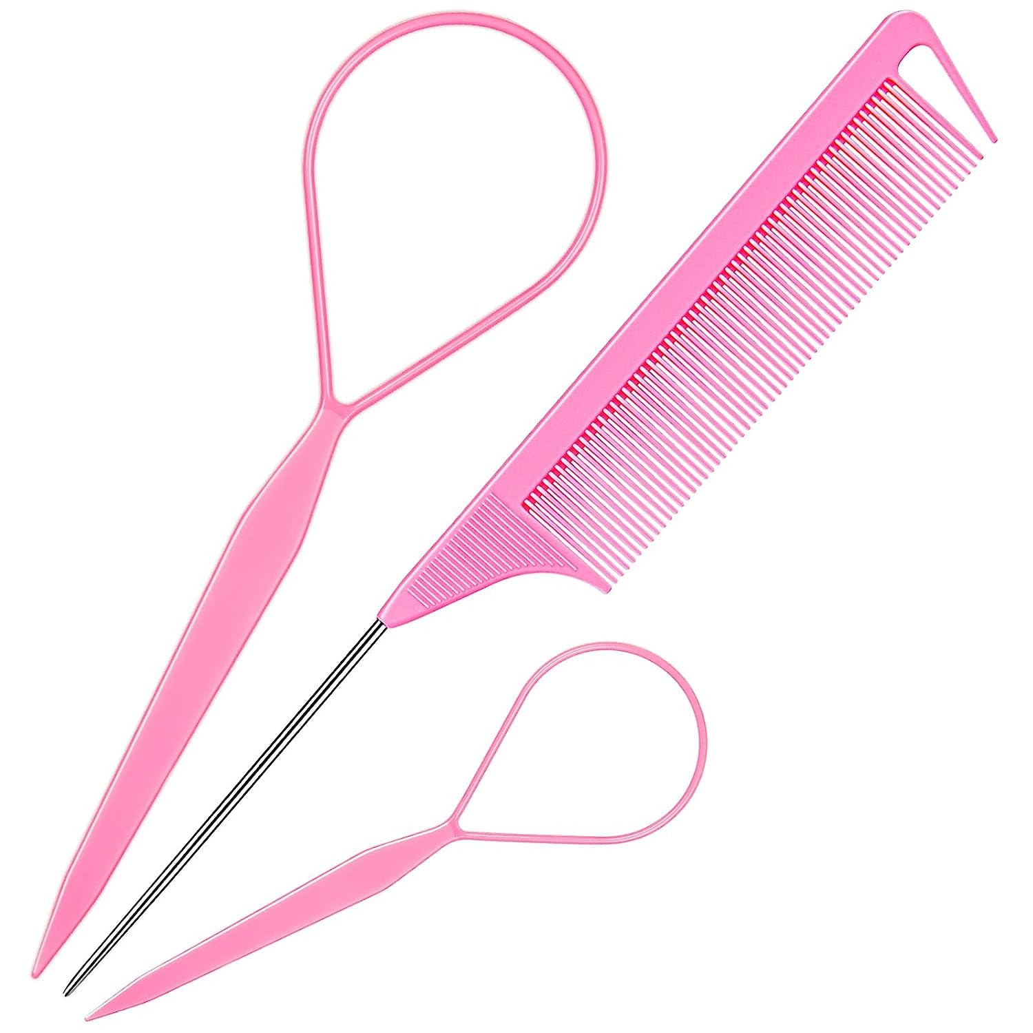 ORiTi 3Pack Hair Tail Tools Set with 2Pcs French Braid Tool Loop 1Pcs Rat Tail Comb Metal Pin Tail Braiding Comb (Pink)