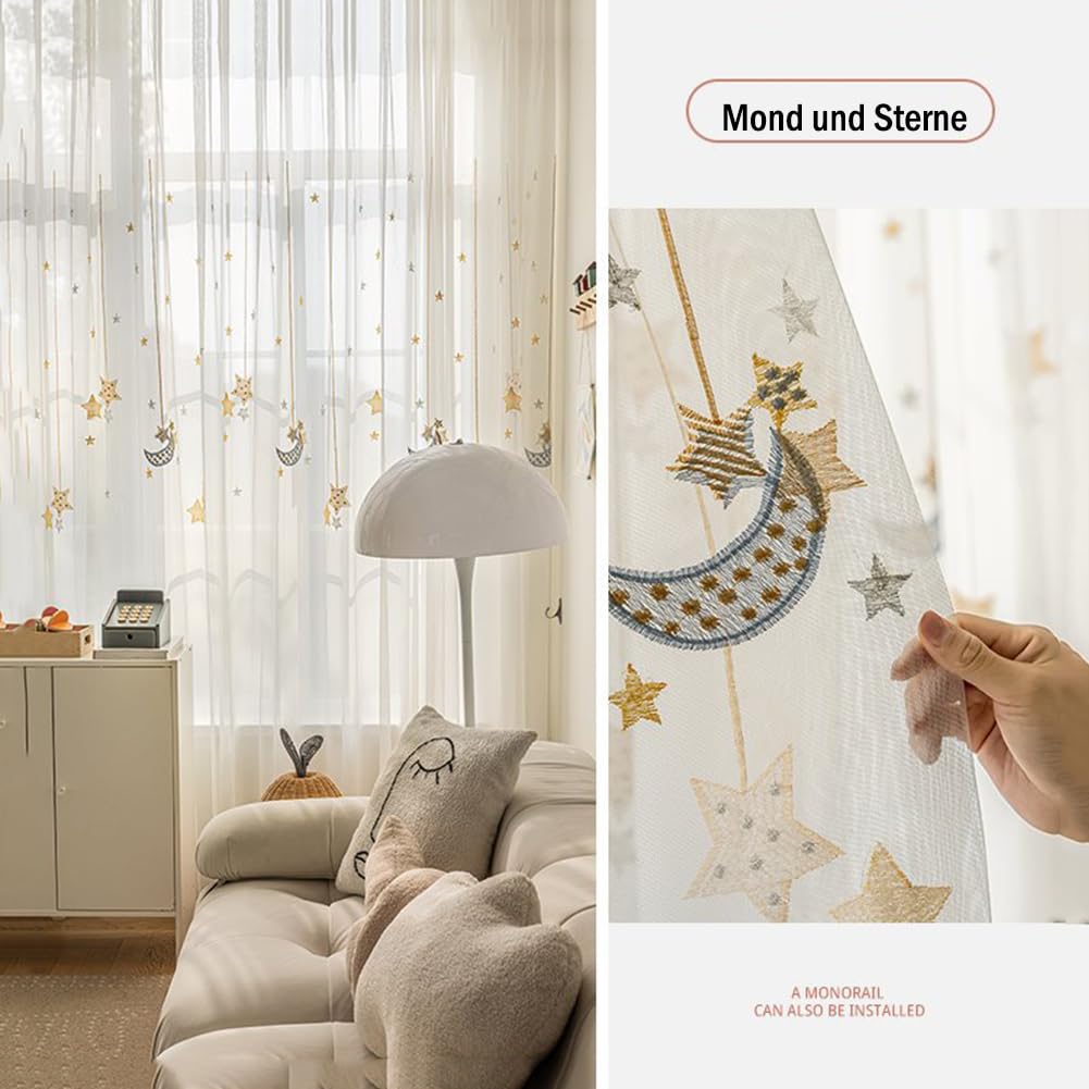 Weiß Vorhang Kinderzimmer Transparent Mädchen Jungen Sterne Mond Gardinen Durchsichtig Kinder Ösenschal für Mädchenzimmer Kinderzimmer Babyzimmer 150x225