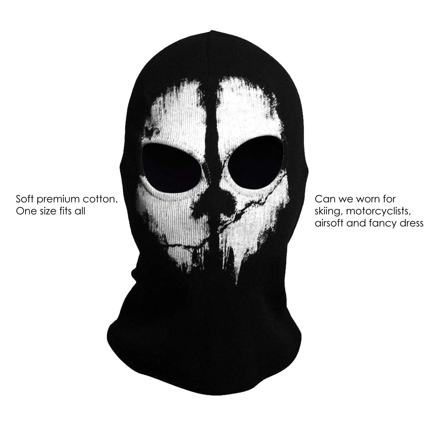 TRIXES Ghost Mask- Balaclava pour Hommes - Masque Complet d'horreur , de Ski pour Costume de Robe de Fantaisie - Cosplay - Airsoft Motorcycling Paintball - One Size - Colour Black