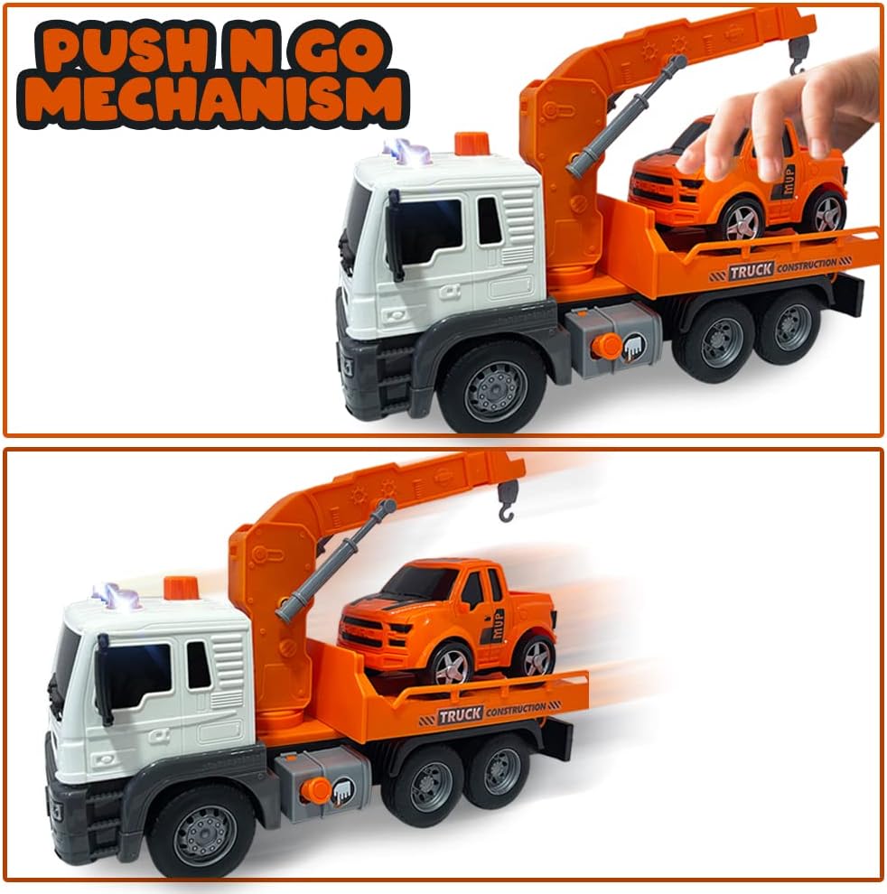 ArtCreativity Light Up Tow Truck, Scale Model with Movable Flat Bed, Lights, Sound, Small Car Toy for Kids, Interactive Toy for Boys and Girls, Ages 3 and Up