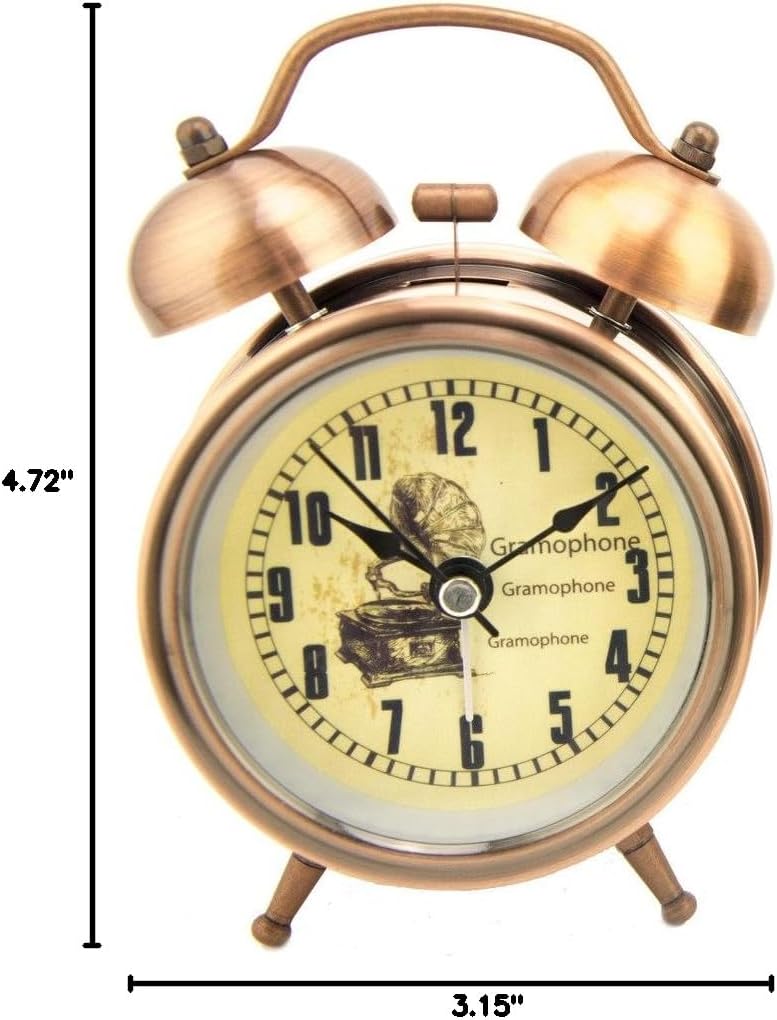HAND 6025B Gramophone Vintage Style Alarm Clock in Stylish Copper Tone Finish - 12 cm x 8 cm x 5 cm - Silent Operation with Night Light