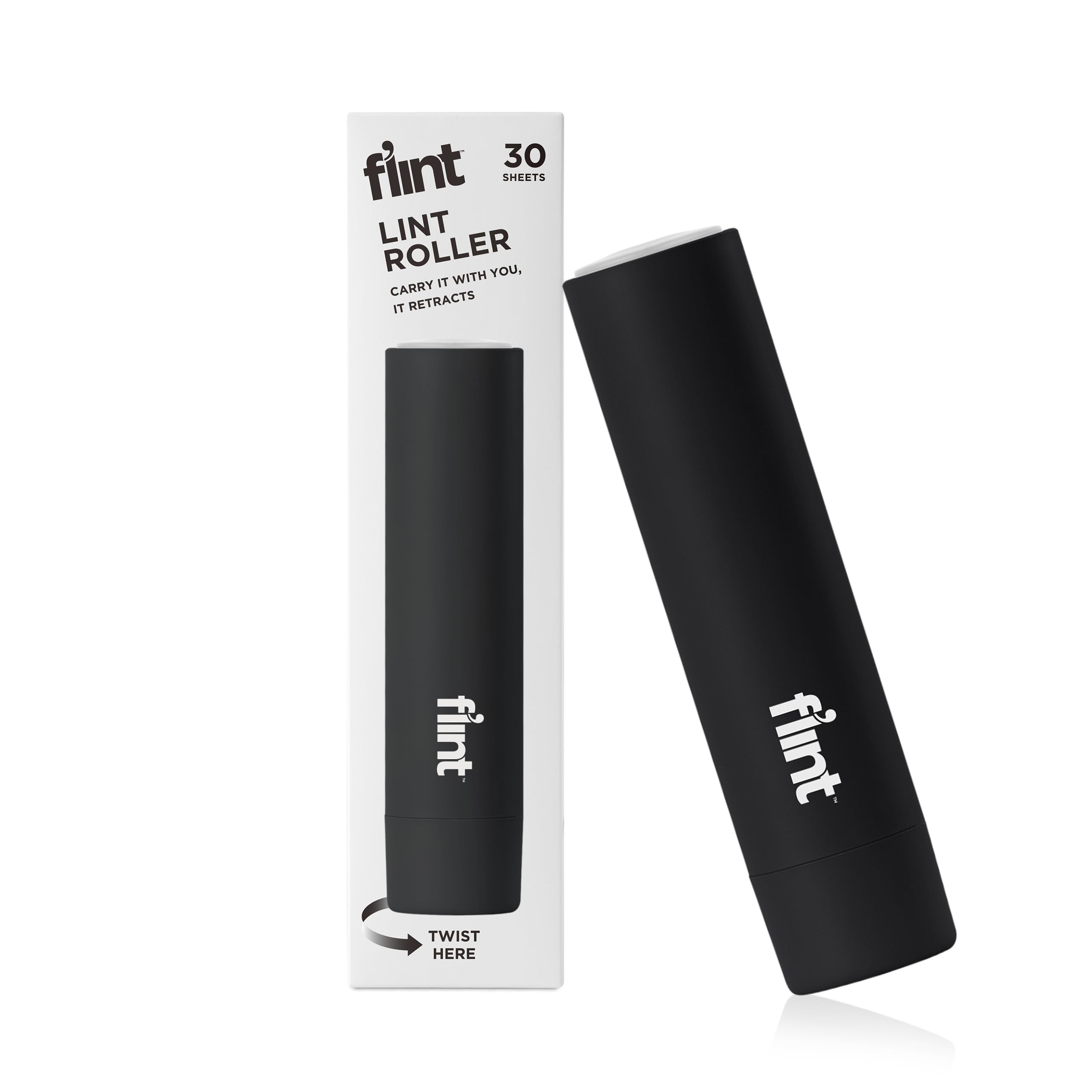 Flint Classic Black Retractable Mini Lint Roller with 30 Extra Sticky Sheets, Small and Portable Lint Roller, Ideal Pet Hair Remover, Travel Lint Rollers for pet Hair Extra Sticky