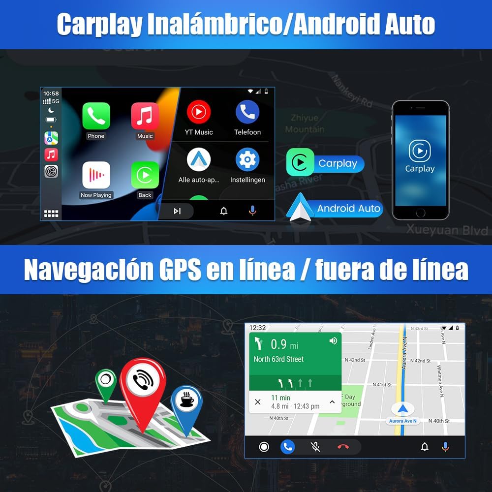 Screenshots showing wireless CarPlay/Android Auto interface and GPS navigation with a map and route information.