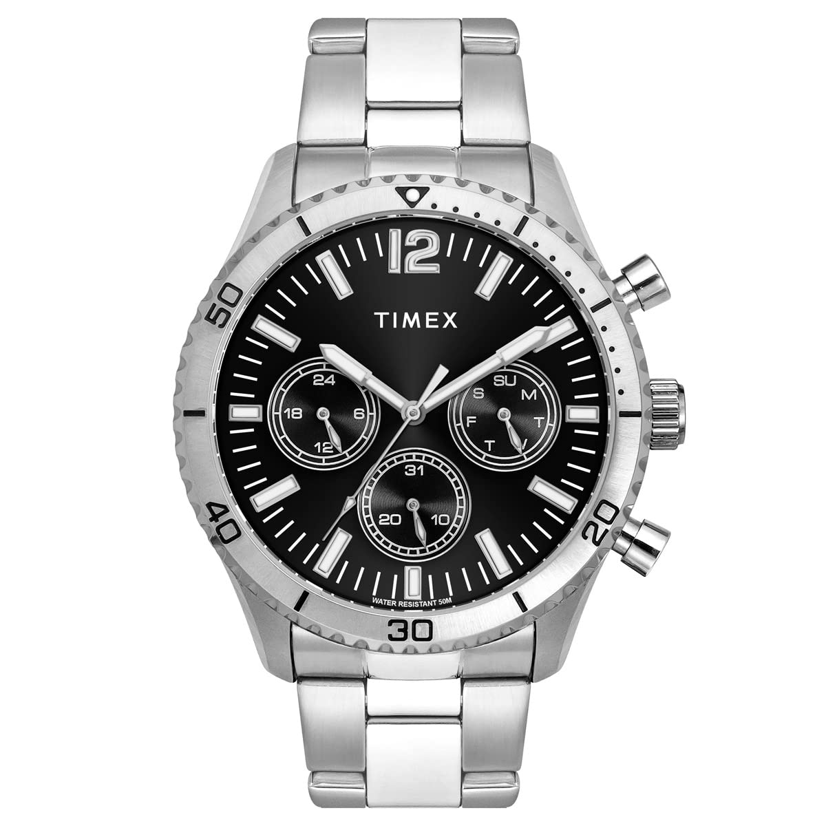 TIMEX Men Stainless Steel E-Class Premium-Sport Collection Analog Black Dial Coloured Quartz Watch, Round Dial with 43 Mm Case Width - Tweg22200, Band Color-Silver (B0C27RD6M3) Amazon Price History, Amazon Price Tracker