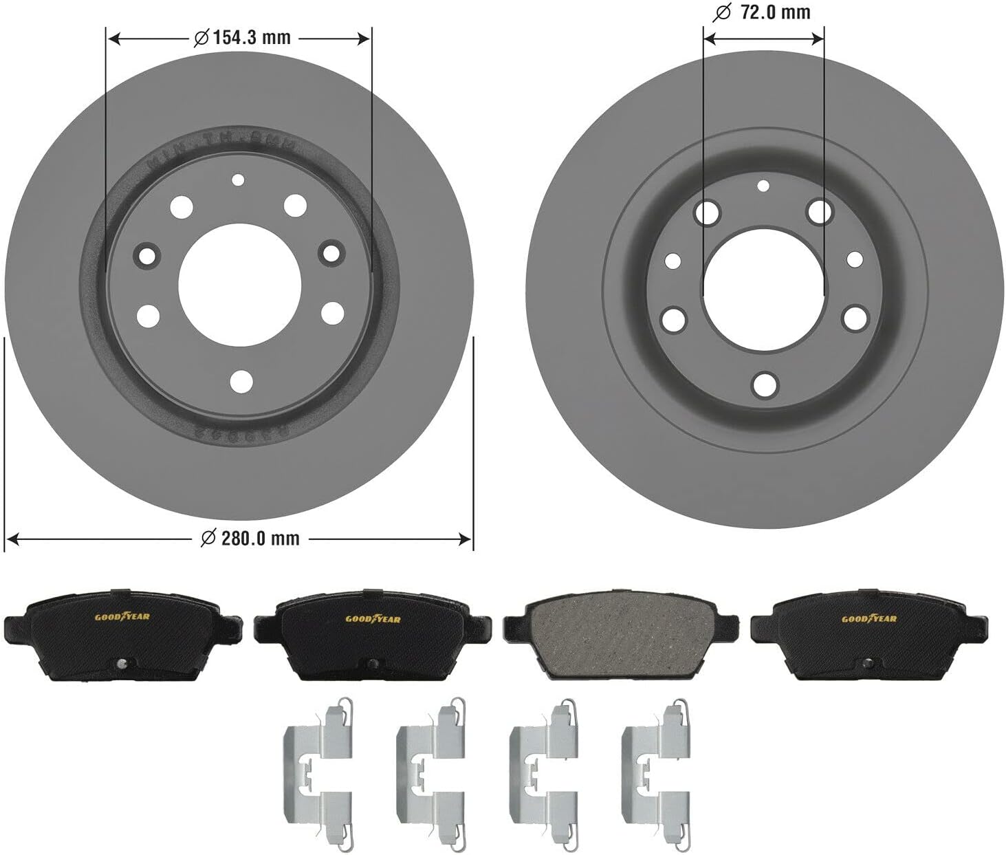 Goodyear Brakes PRK54745R | Rear Brake Kit with Pair (2) of Coated Brake Rotors and Ceramic Brake Pads fits Ford Fusion 12-06; Lincoln MKZ 12-07, Zephyr 2006; Mazda 6 13-06; Mercury Milan 11-06