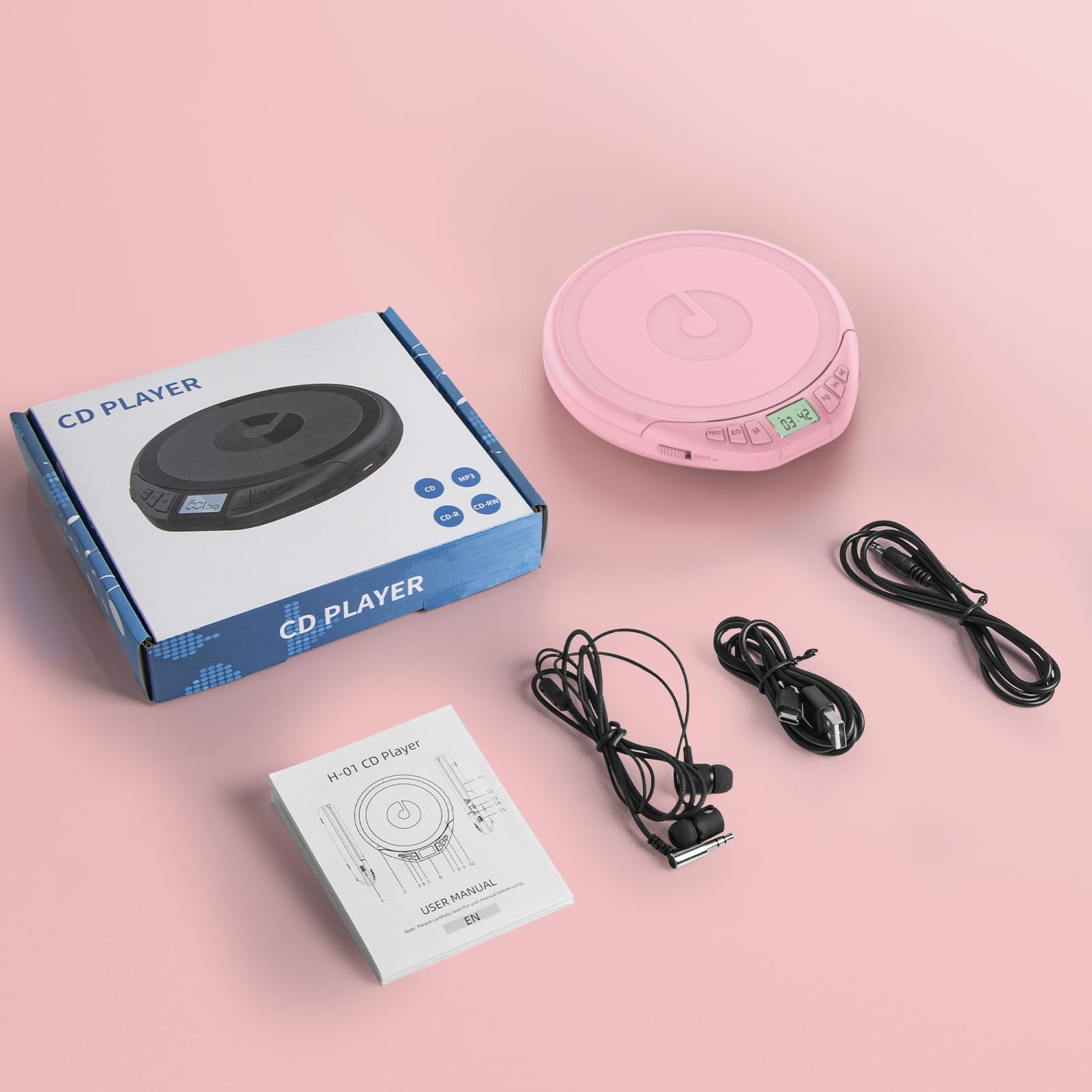 Gueray CD Player Tragbar Kinder Tragbarer CD-Player fürs Auto Discman mit Kopfhörer LCD-Display Unterstützung ASP PROG Speicherfunktion Repeat-Funktion Sound-Effekt Rosa