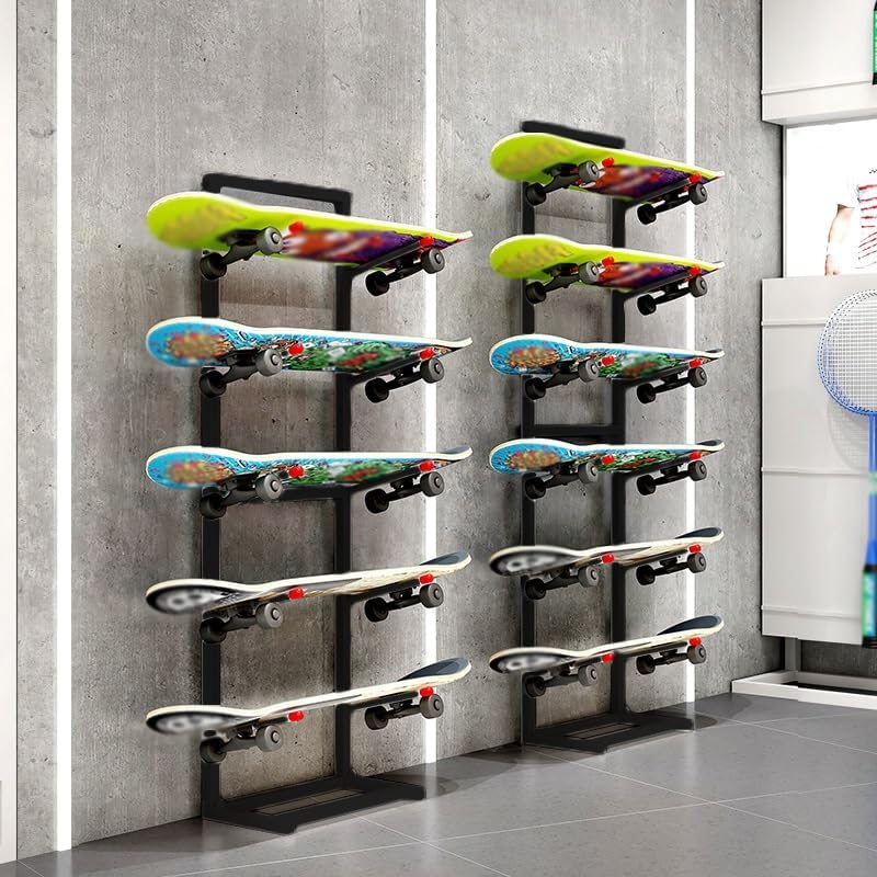 4/7-Tiers Skateboard Storage Racks, Floor Snowboard Display Stand, Home Gym Double Sided Skateboard Organize Holder for Skis/Scooter/Longboard(Black,37x30x130cm)