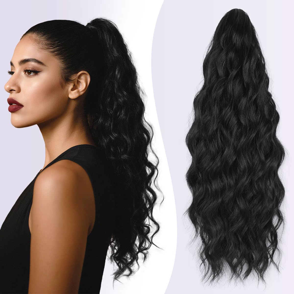 JIAMEISI Claw Clip Ponytail Hair Extensions 18 Inch Ponytail Extension Long Curly Wavy Jaw Clip in Pony Tails Extension Synthetic Fluffy Hairpiece for Women Girls Daily Use Party (Natural Black)