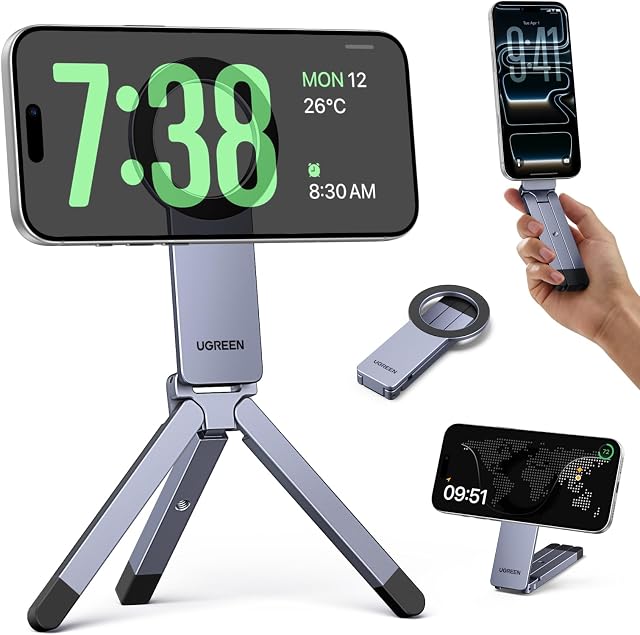 UGREEN Support de téléphone magnétique compatible avec MagSafe, Trépied portable de téléphone de poche pour le fliming, pliable selfie Stick avec filetage à vis 1/4 Compatible avec iPhone 17 Pro Max Air 16 15 14 13 12