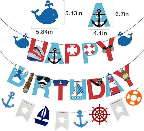 Miniatura 7 de 77 piezas de suministros náuticos para fiestas: pancarta náutica de feliz cumpleaños, banderines, 30 globos de látex (rojo, azul, blanco), 24