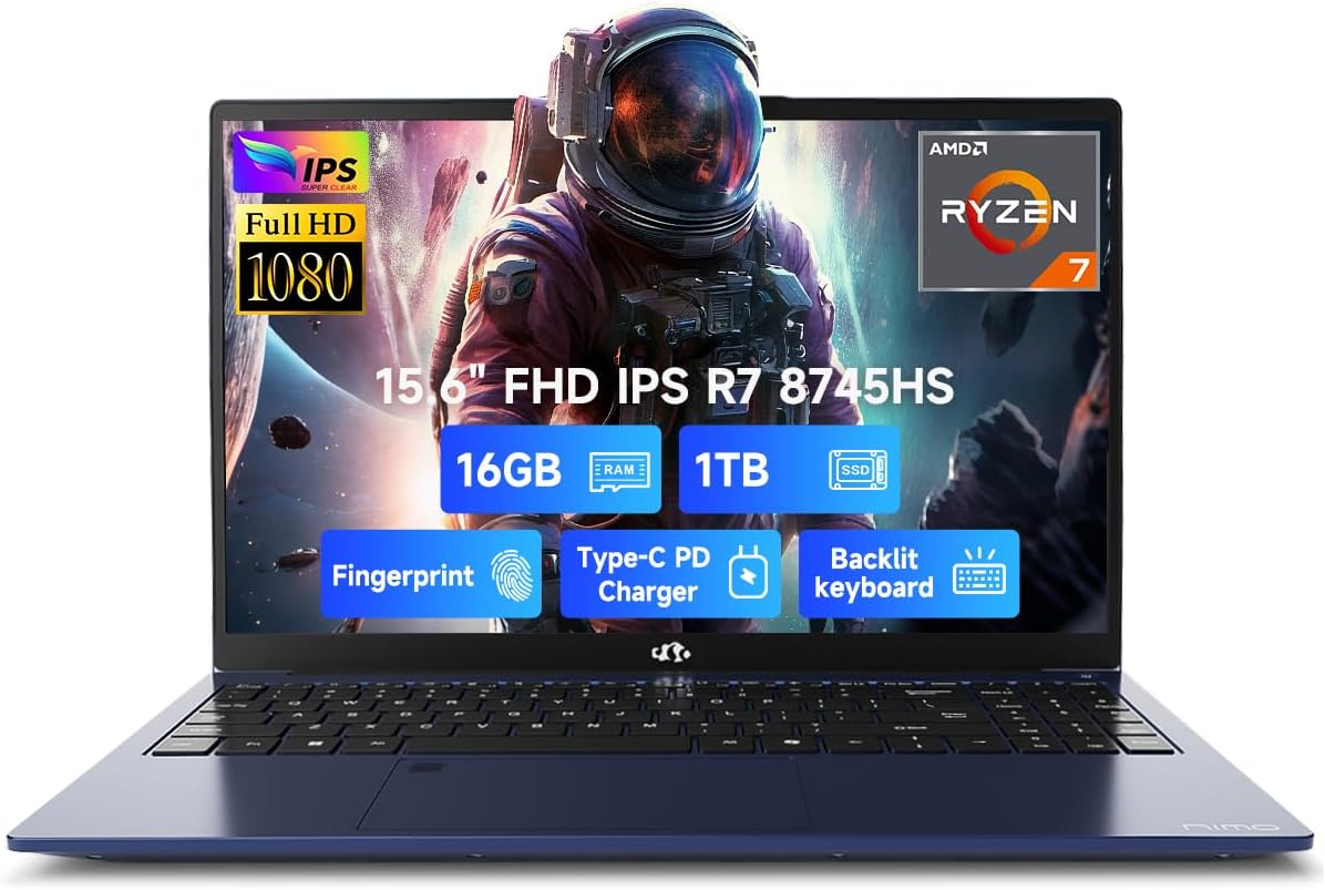 NIMO 15.6" IPS FHD-Gaming-Laptop, AMD Ryzen 7 8745HS 16GB DDR5 RAM 1TB SSD (Beat R9 6900HX, up to 4.9GHz) Radeon 780M Graphics Business Computer with 100W Type-C Backlit Keyboard, Fingerprint