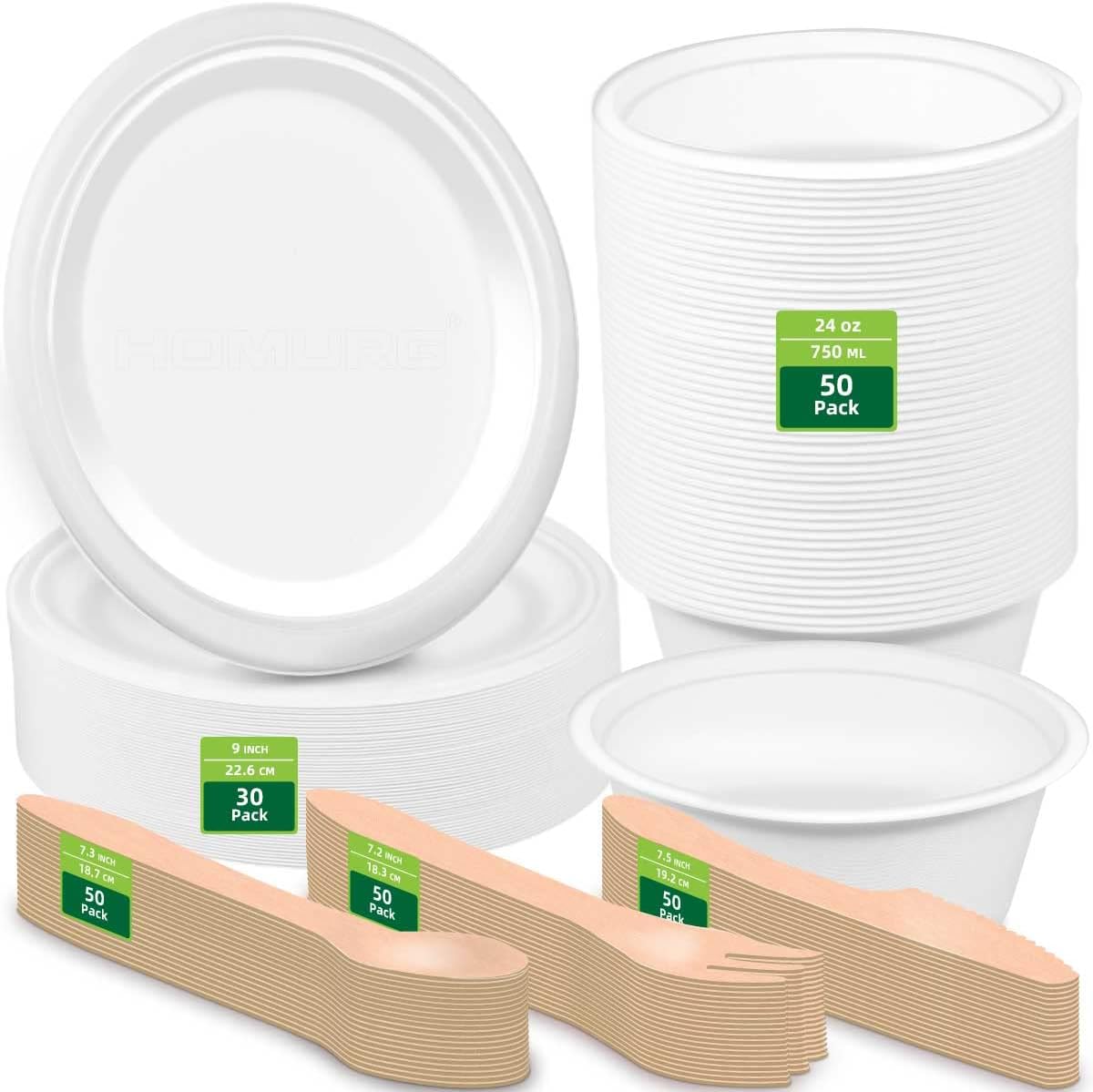 HOMURG Heavy Duty Paper Bowls and Plates with Cutlery for