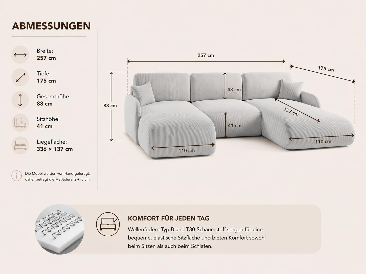 U-Form Wohnlandschaft mit Schlaffunktion 357x175 cm, Cordstoff – Großes Schlafsofa mit Bettkasten, Moderne Couch mit Stauraum NIVO (Poso 02)