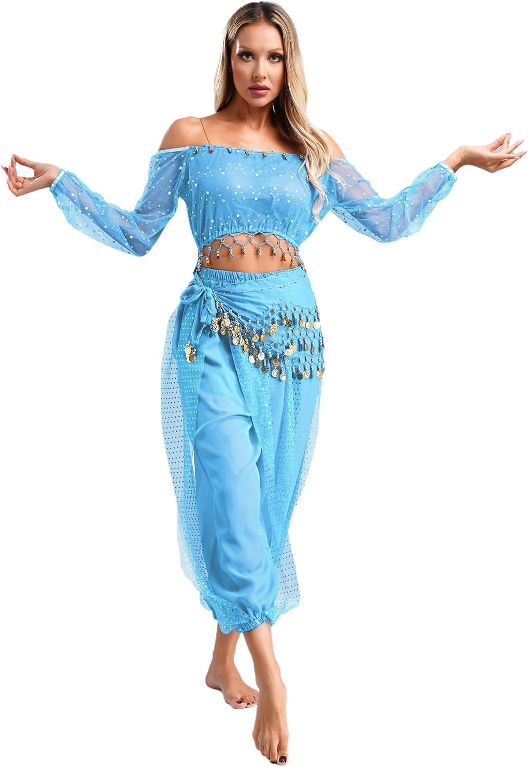 YiZYiF Women's Belly Dance Costume Sequined Layer Pants Split Harem Pants Arabic Halloween Trousers