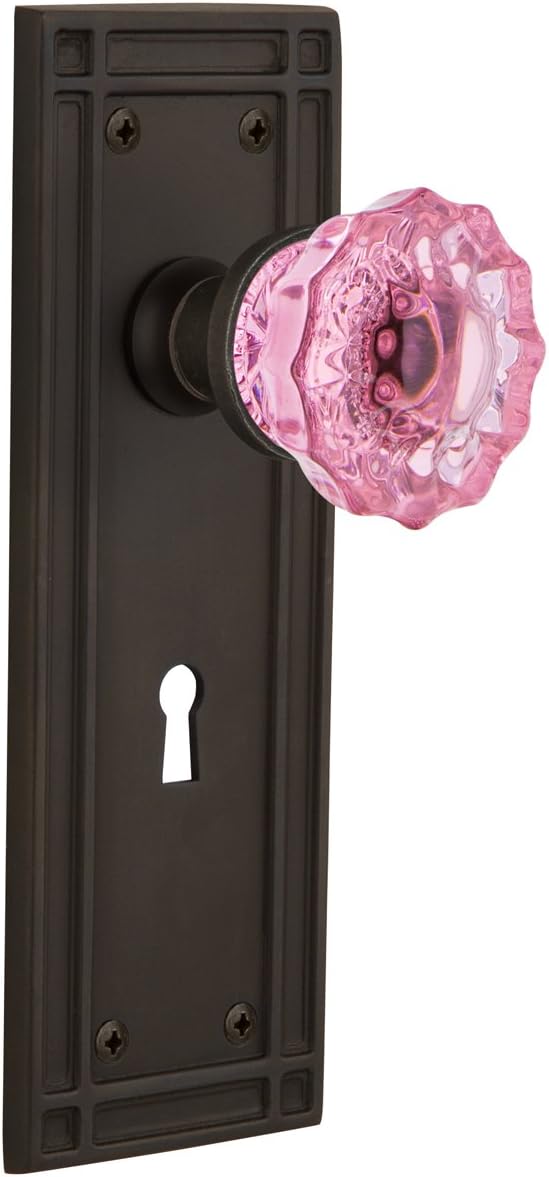 Nostalgic Warehouse 722907 Mission Plate with Keyhole Single Dummy Crystal Pink Glass Door Knob in Satin Nickel