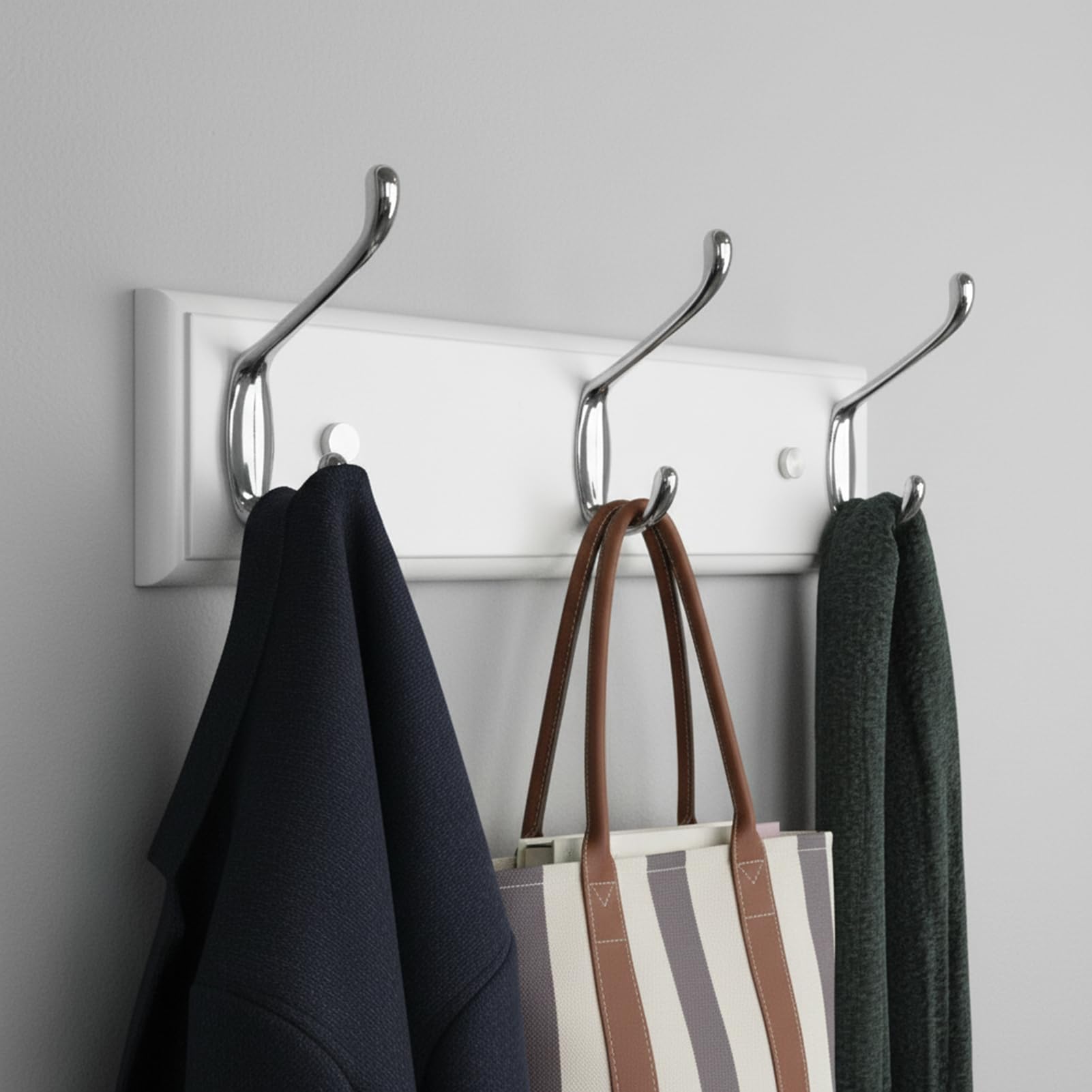 lomejii Wood White Wall Coat Rack with 3 Silver Hooks, 35 cm, Strong Hook Rail for Hat, Bag,Towel, for Kids Room,Closet,Small Space,Compact Size