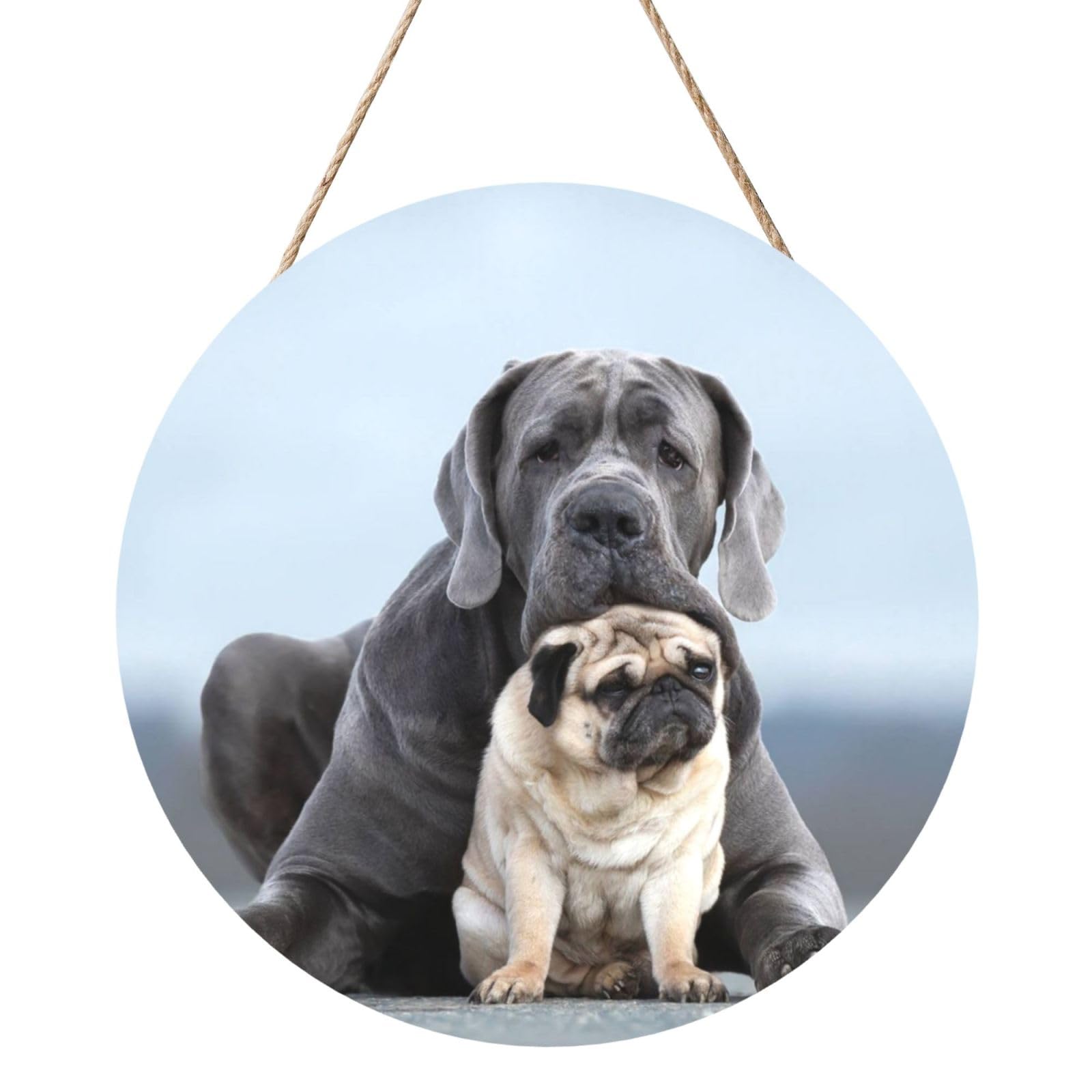 InOmak Cane Corso Dogs Pug Friendship Concepts, Round Wood Panel Painting 12 in, Wall Hanging Painting For Home