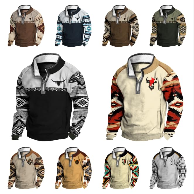 Western Hoodie for Men Aztec Cowboy Quarter Zip Pullover Sweatshirt Ethnic Vintage Long Sleeve Graphic Shirts4