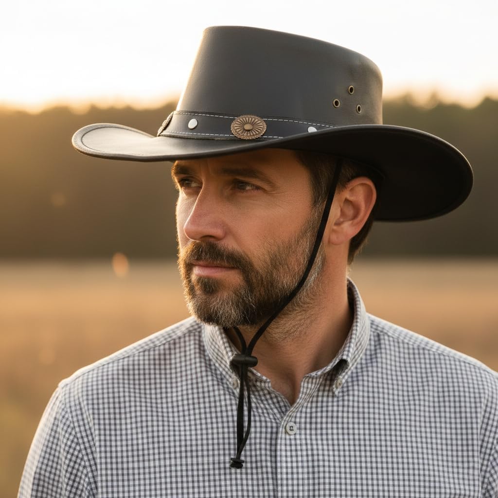 Equine Care Leather Cowboy Hat for Men & Women – Western Rancher Hat with Shapeable Wide Brim & Chin Strap