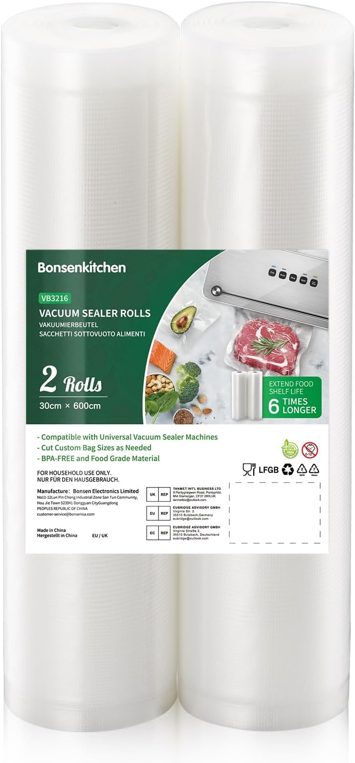Bonsenkitchen Vacuum Rolls 2 Rolls 30cm x 600cm - Professional Vacuum Bag for Food Vacuum Sealer, Boil-Proof and Sous Vide Freezer Bags, BPA-Free (VB3216)