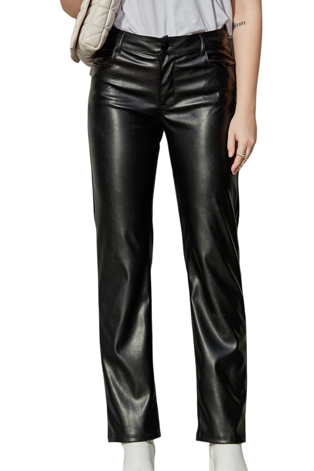 Balleay Art Faux Leather Pants for Women, Straight Leg Mid Waist Butt Lift Elastic Black Pants with 5 Pockets